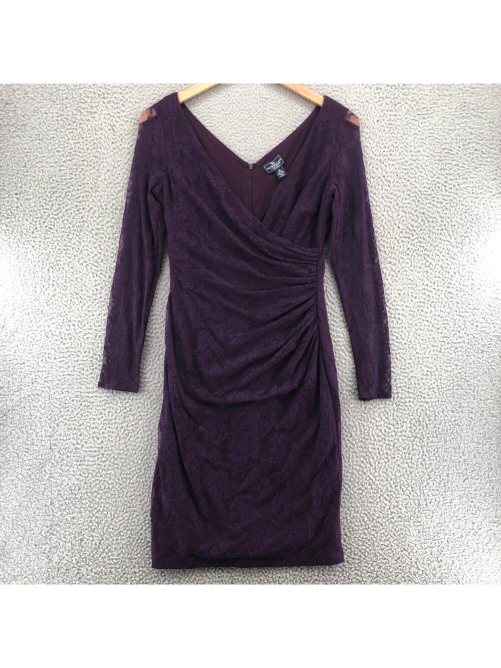 American Living Dress Womens 10 Purple Faux Wrap Lace Ruched Long Sleeve V Neck